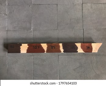 Stain Sample Applied On Wood For Furniture. A Swatch Wood Color Guide: Shades Of Brown And Samples Of Wood Choice On Dark Background. Catalog Samples In The Carpentry Workshop For Designer To Choose.