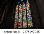 Stained glass of the Bern Minster, a Swiss Reformed cathedral (or Minster) in the Old City of Bern. Built in the Gothic style, it’s the tallest cathedral in Switzerland.