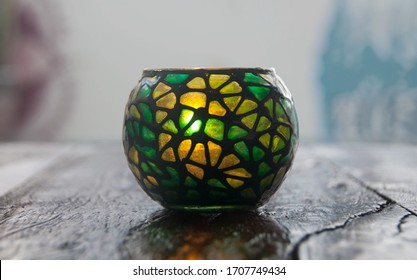 Stained Glass Candle Holder On Wooden Table