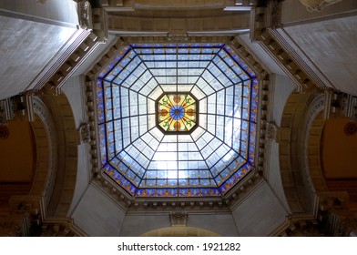 Stained Glass In Rotunda Of The Indiana State Capital Building.