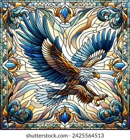 Stained glass vector-style image of flying eagle with wings out as a symbol
