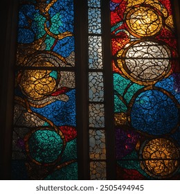 A stained glass window captures the light of the world in vibrant hues and intricate patterns, transforming ordinary sunlight into a kaleidoscope of colors. Each piece of glass, meticulously crafted. - Powered by Shutterstock