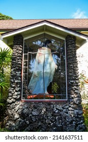 Stained Glass Window Displaying Jesus Christ On The Side Of The Palapala Ho‘omau Congregational Church In Kipahulu On Hana Highway, East Of Maui Island In Hawaii, United States