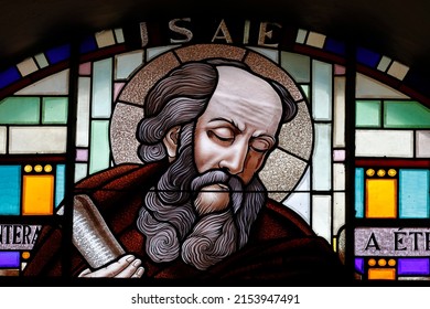 Stained Glass Window.  Isaiah Was The 8th-century BC Jewish Prophet For Whom The Book Of Isaiah Is Named.  Taninges. France. 04-30-2019