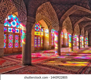 Stained glass window light Nasir al-Mulk Mosque in Shiraz, Iran