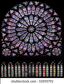 Stained Glass Window In Notre Dame Cathedral, Paris, France