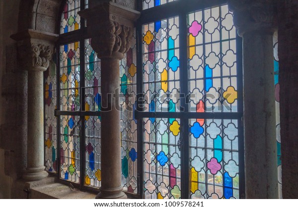 Stained Glass Windows Bright Colours Decorating Stock Photo Edit