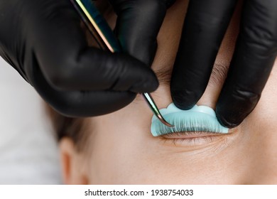 Staining, curling, laminating, lash lift. Rollers, hair curlers for eyelashes. Eyelash Extension Procedure. Lengthening lashes for girl in beauty salon. Beauty Concept.