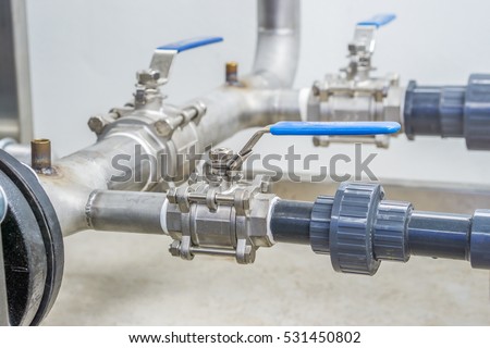 Stainless ball valves in pipes used for water supply,off to control the flow of water.manual valves,selective focus.