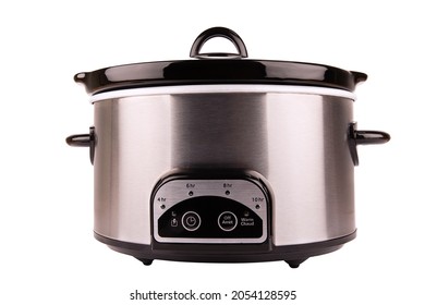 Stainless Crock Pot Isolated On A White Background. Cut Out.