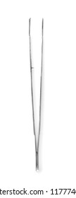 Stainless Forceps On White Background, Top View. Medical Tool