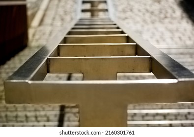 Stainless Handrail At Outdoor Staircase Close Up.