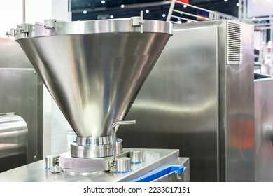 stainless hopper or chute component of food manufacturing for input contain and hold material of filling machine in industrial