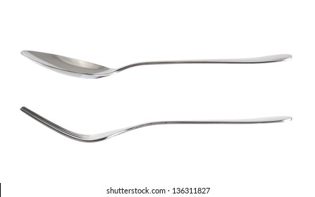 Stainless Metal Fork And Spoon Side View Kitchenware Isolated Over White Background