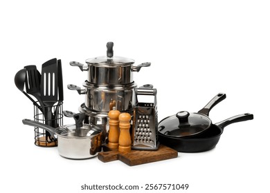 Stainless pot, pan, steel saucepan, grater and kitchen utensils isolated on white background. Modern saucepan. Kitchen utensils. Cooking pan. Cooking concept. Mockup