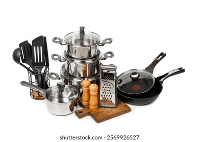 Stainless pot, pan, steel saucepan, grater and kitchen utensils isolated on white background. Modern saucepan. Kitchen utensils. Cooking pan. Cooking concept. Mockup