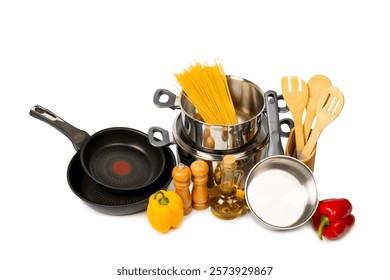 Stainless pot, pan, steel saucepan, grater and kitchen utensils isolated on white background. Modern saucepan. Kitchen utensils. Cooking pan. Cooking concept. Mockup