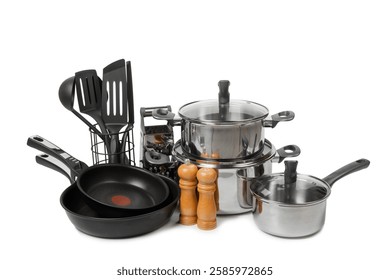 Stainless pot, pan, steel saucepan, grater and kitchen utensils isolated on white background. Modern saucepan. Kitchen utensils. Cooking pan. Cooking concept. Mockup