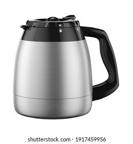 Stainless Steel 12 Cup Thermal Carafe for Auto Drip Coffee Maker Isolated. Automatic Espresso Machine or Coffeemaker Side View. Modern Drip Coffee Pot. Domestic Electric Kitchen Small Appliances