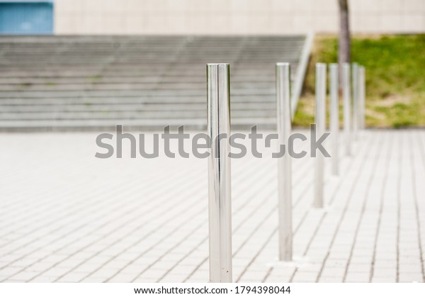 Stainless steel\
bollards in the pedestrian\
zone