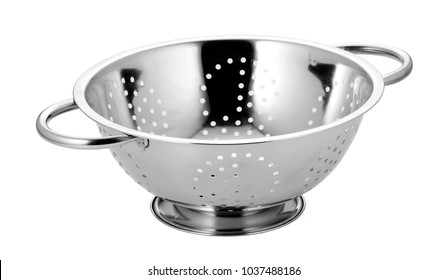 Stainless steel colander on white background