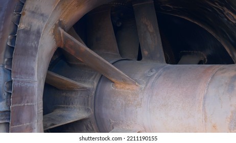 Stainless Steel Combustion Chamber Blades To Withstand High Temperatures In A Jet Engine. The Gas Turbine Engine On The Rack Is Exposed For Repair And Inspection Before Takeoff.