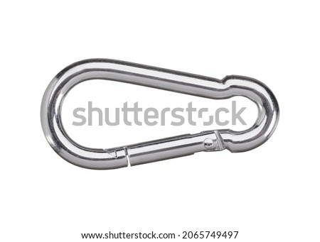Stainless steel construction carabiner isolated on white background. View from above. Construction accessory.
