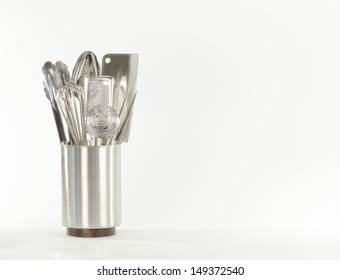 Stainless Steel Cooking Utensils In Horizontal Format 