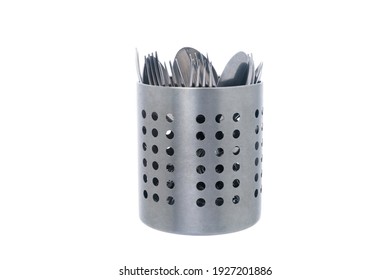 Stainless steel cutlery Holder with forks and spoons. Organizer Kitchen Storage on white isolated background. - Powered by Shutterstock