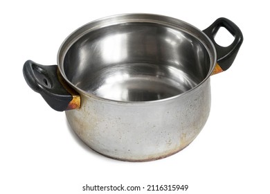 Stainless Steel Dirty Cooking Pot Isolated On White Background