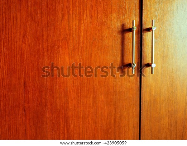 Stainless Steel Door Handles Wooden Wardrobe Stock Photo