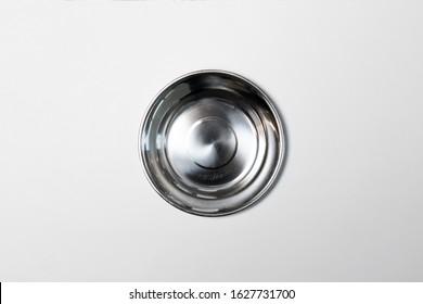 Stainless Steel Empty Plate Mock Up Isolated On White Background,Top View.High Resolution Photo.