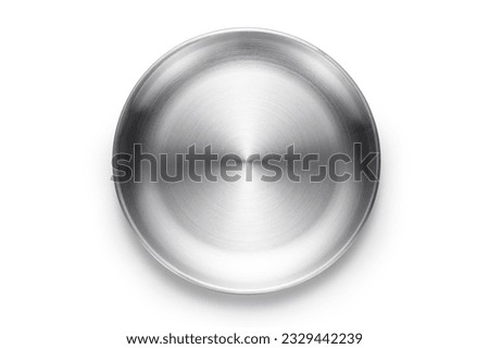 Stainless steel empty plate on white backgrond, Top view.