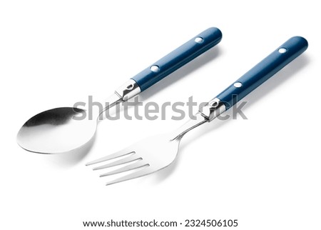 Stainless steel fork and spoon with blue handles on white background