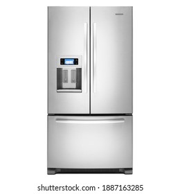 Stainless Steel French Door Refrigerator Isolated on White Background. Three Door Bottom Mount Fridge with Express Chill Zone. Full Frost Free Freezer. Front View Kitchen and Domestic Major Appliances