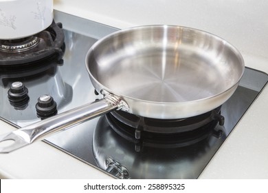 Stainless Steel Frying Pan On Gas Burner.