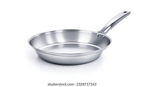A stainless steel frying pan with a white isolated background. - Shutterstock ID 2328717163