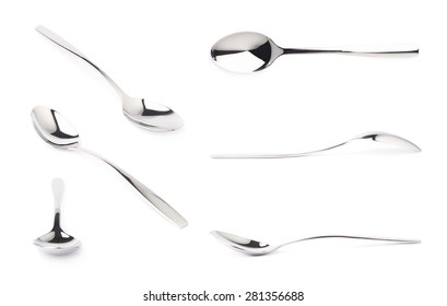 Stainless steel glossy metal kitchen spoon isolated over the white background, set of multiple different foreshortenings - Shutterstock ID 281356688