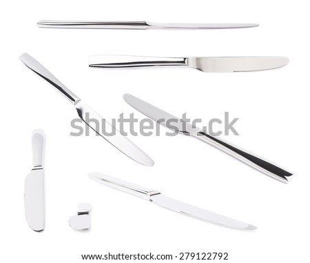 Stainless steel kitchen glossy metal knife isolated over the white background, set of multiple different foreshortenings