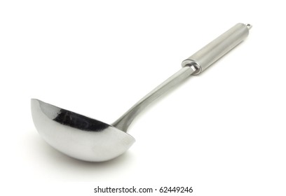 Stainless Steel Kitchen Ladle From Low Perspective Isolated On White.