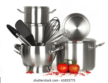 Stainless Steel Kitchen Tools, Pot, Pan, Wire Whisk On White Background