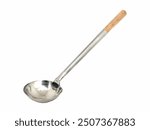 A stainless steel ladle featuring a sleek bowl and a wooden handle, designed for serving soups, stews, and various liquid dishes with ease and elegance.