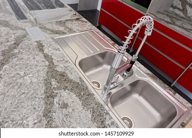 Stainless Steel Mixer Taps With Stainless Steel Sink 2 Bowls On Quartz Counter Worktop Kitchen. 