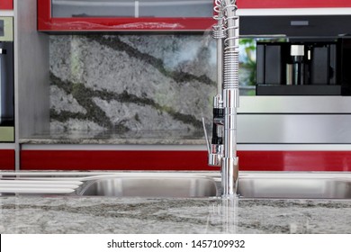 Stainless Steel Mixer Taps With Stainless Steel Sink 2 Bowls On Quartz Counter Worktop Kitchen. 