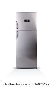 Stainless Steel Modern Refrigerator Isolated On White. The External LED Display, With Blue Glow. Fridge Freezer.