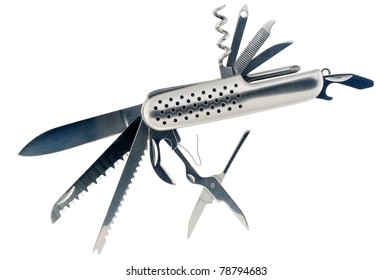 Stainless steel open penknife isolated on white