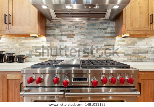 Stainless Steel Oven Stove Red Knobs Stock Image Download Now