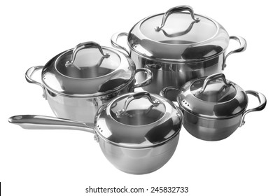 Stainless steel pans and pots isolated on white background