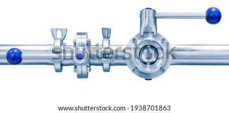 Stainless steel pipes in the factory. Construction on food production isolated on white , Abstract industry background.