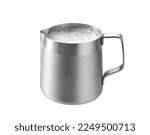 Stainless steel pitcher with whipped milk isolated on white background . stainless steel milk pitcher (foaming jugs) isolated on white background with clipping path.